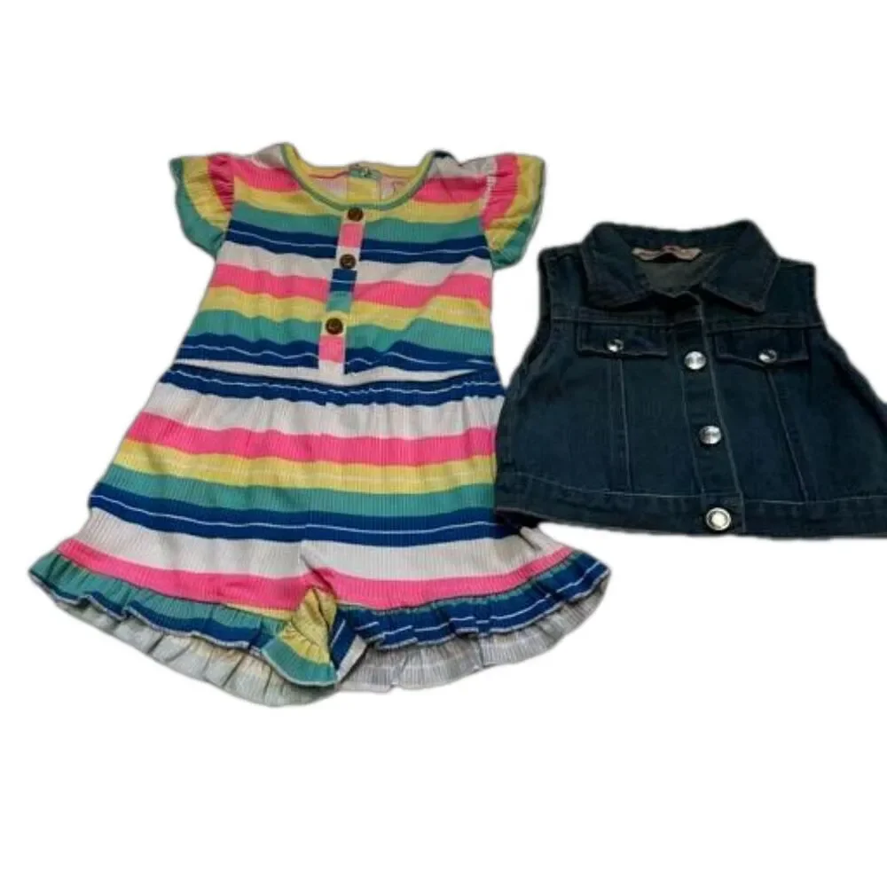 DELIAS Baby Girls Striped Romper Sleeveless Denim Vest Set Multicolor 2T NWT